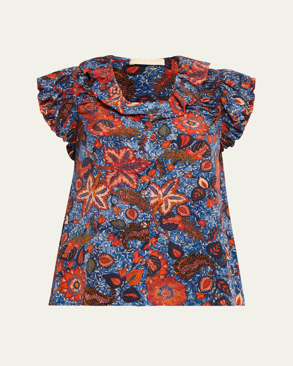 Ivette Floral-Print Ruffle Silk Top